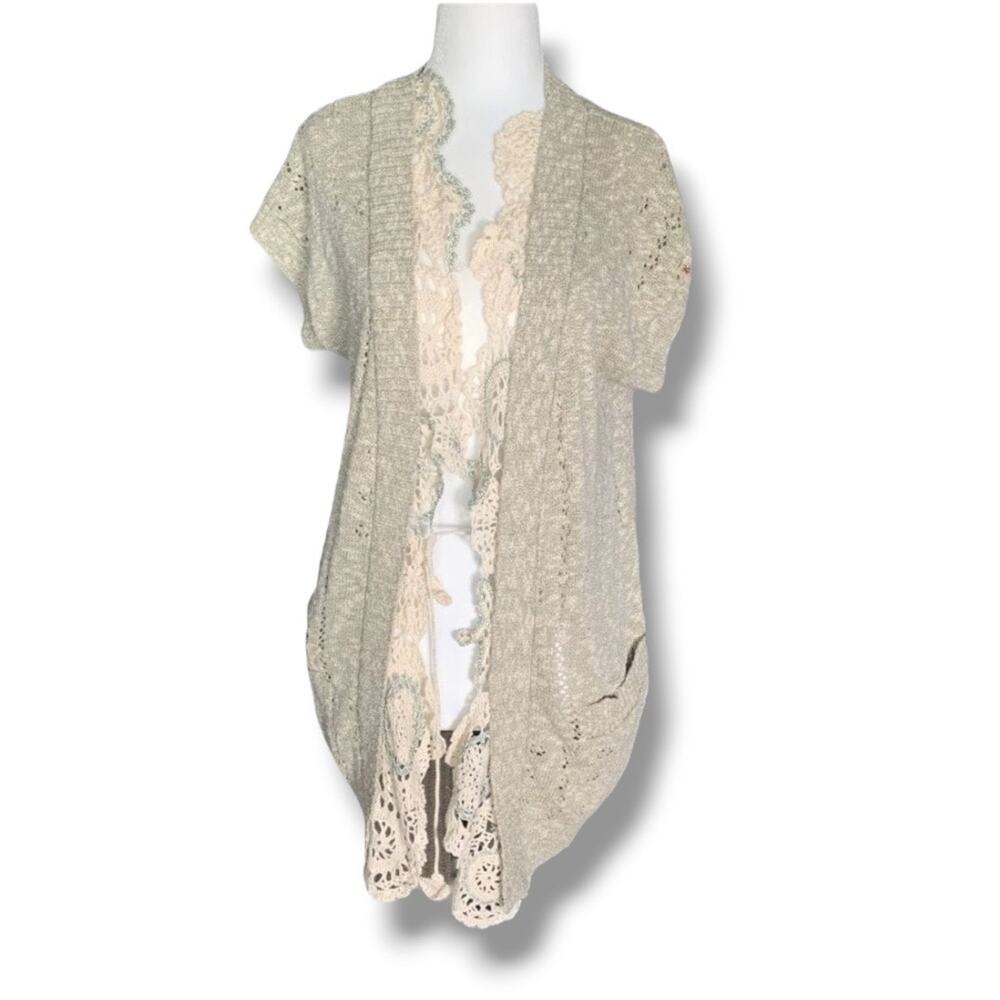Upcycled Linen Blend Crochet Trim Knit Cardigan Vest Boho Cottagecore Romantic
